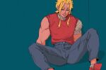  1boy bandage_on_face bandaged_arm bandaged_neck bandages blonde_hair boku_no_hero_academia commentary english_commentary freesilverwind grey_pants highres injury looking_at_viewer male_focus messy_hair muscular muscular_male pants parted_lips red_footwear red_shirt shirt short_hair sitting socks solo spread_legs t-shirt white_socks yagi_toshinori 