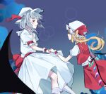  2girls bat_wings blue_background closed_mouth commentary_request crystal_wings fang flandre_scarlet grey_hair hat hat_ribbon highres kanaria_(bocmn) long_hair mob_cap multiple_girls one_side_up red_eyes red_ribbon red_skirt red_vest remilia_scarlet ribbon shirt short_hair short_sleeves siblings sisters skin_fang skirt touhou vest white_shirt white_skirt wings 