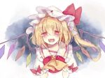  1girl ascot blonde_hair crying crying_with_eyes_open crystal_wings fang flandre_scarlet hat hat_ribbon medium_hair mob_cap open_mouth red_eyes red_ribbon ribbon side_ponytail solo sorani_(kaeru0768) tears touhou upper_body yellow_ascot 