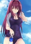  bangs bare_arms bare_shoulders blue_sky blush bottle breasts cleavage closed_mouth cloud commentary_request covered_navel cowboy_shot day fate/grand_order fate_(series) highres kesoshirou large_breasts long_hair looking_at_viewer one-piece_swimsuit outdoors purple_eyes purple_hair scathach_(fate)_(all) scathach_(fate/grand_order) sky smile solo swimsuit towel towel_around_neck very_long_hair 