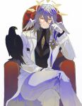  1boy bird closed_mouth crossed_legs crow earrings fsuusux gloves halo head_wings highres honkai:_star_rail honkai_(series) jewelry long_sleeves looking_at_viewer male_focus medium_hair on_chair sitting solo sunday_(honkai:_star_rail) white_gloves white_wings wings yellow_eyes 