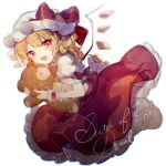  1girl blonde_hair dress flandre_scarlet hat looking_at_viewer mob_cap open_mouth puffy_short_sleeves puffy_sleeves red_dress red_eyes red_ribbon ribbon short_sleeves simple_background smile solo sorani_(kaeru0768) stuffed_animal stuffed_toy teddy_bear touhou white_background wrist_cuffs 