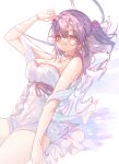  1girl absurdres blue_archive blush breasts choker cleavage commentary cowboy_shot dress grin hair_between_eyes halo highres korean_commentary large_breasts long_hair mechanical_halo purple_eyes purple_hair sleeveless sleeveless_dress smile solo torano white_choker white_dress yuuka_(blue_archive) 