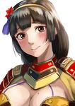  armor black_hair blush breasts brown_eyes cleavage cleavage_cutout closed_mouth flower hair_flower hair_ornament hairband ii_naotora_(sengoku_musou) japanese_armor large_breasts long_hair looking_at_viewer mole mole_on_breast sengoku_musou sengoku_musou_4 simple_background smile solo traditional_media upper_body white_background yasaidon 