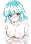  0002koko 1girl :&lt; absurdres ahoge bare_shoulders blue_eyes blue_hair blush breasts cleavage closed_mouth collarbone commentary_request embarrassed eyes_visible_through_hair hair_between_eyes heterochromia highres large_breasts lips long_sleeves looking_at_viewer medium_hair navel nose_blush open_clothes open_shirt red_eyes shirt simple_background sketch solo tatara_kogasa touhou tsurime upper_body white_background white_shirt 