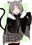  animal_ears animal_hood bangs benbe black_gloves black_legwear blush breasts cat_hood cat_tail cloak cowboy_shot embarrassed fake_animal_ears fangs fate_(series) fur_collar gloves gray_(lord_el-melloi_ii) green_background green_eyes grey_hair grey_skirt head_tilt highres hood hood_up jacket jersey jitome long_sleeves looking_at_viewer lord_el-melloi_ii_case_files nose_blush open_clothes open_jacket open_mouth paw_pose plaid plaid_skirt raised_eyebrows red_jacket simple_background sketch skirt small_breasts standing tail teeth thighhighs wavy_mouth zettai_ryouiki 