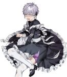  1boy absurdres apron arm_support black_footwear blush boxers chamuring crossdressing dress embarrassed frilled_dress frills from_above hair_ribbon highres kemono_jihen leaning_to_the_side looking_at_viewer maid maid_apron male_focus male_maid male_underwear on_floor open_mouth purple_male_underwear ribbon short_hair simple_background slit_pupils solo tademaru_shiki tearing_up teeth thighhighs torn_clothes underwear upper_body white_hair white_thighhighs 
