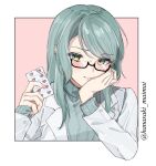  1girl aqua_hair aqua_sweater bang_dream! black-framed_eyewear blister_pack blush border closed_mouth collaboration ear_blush earclip glasses green_eyes greyscale hair_between_eyes head_rest highres hikawa_sayo holding jacket lineart long_hair long_sleeves looking_at_viewer monochrome nanami_(nunnun_0410) outside_border sakurahara semi-rimless_eyewear sidelocks solo sweater twitter_username under-rim_eyewear upper_body white_jacket 