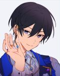  1boy black_hair blue_eyes buttons closed_mouth commentary_request double-parted_bangs earrings ensemble_stars! hair_between_eyes hand_up hidaka_hokuto jewelry koori_(superumaice) long_sleeves looking_at_viewer male_focus official_alternate_costume ring short_hair simple_background smile solo sparkle split_mouth upper_body 