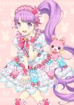  1girl :d blunt_bangs blush bow commentary_request dress feet_out_of_frame frilled_dress frills hairband hand_up idol_clothes knees_together_feet_apart lolita_fashion long_hair looking_at_viewer manaka_non open_mouth pink_bow pink_hairband pretty_series pripara puffy_short_sleeves puffy_sleeves purple_eyes purple_hair short_sleeves side_ponytail smile solo standing stuffed_animal stuffed_rabbit stuffed_toy sweet_lolita unya_(unya-unya) usacha very_long_hair white_dress wrist_cuffs 