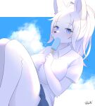  1girl animal_ears animal_nose blue_eyes blue_skirt blush body_fur breasts cloud cloudy_sky food fox_ears fox_girl furry furry_female highres holding holding_food holding_ice_cream ice_cream ichigotoofu large_breasts looking_at_viewer original shirt skirt sky snout solo white_fur white_shirt 