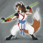 anthro belt border_collie brown_eyes brown_hair canid canine canis chest_tuft claws collie deerwalker digitigrade domestic_dog female flat_colors hair herding_dog hi_res kittensnark mammal martial_arts_uniform pastoral_dog sheepdog simple_background solo sportswear staff stick tuft