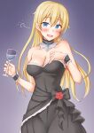  1girl anti_(untea9) bismarck_(kancolle) black_bow black_dress blonde_hair blue_eyes bow breasts cleavage commentary_request cup detached_collar dress drinking_glass drunk evening_gown flower gradient_background grey_background highres kantai_collection long_hair looking_at_viewer medium_breasts red_flower red_rose rose solo standing wine_glass wrist_cuffs 