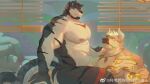  2boys a_zhai_ran_shao_ba_bao_zha_da_mo_wang animal_ears ass bara beard black_fur completely_nude couple cow_ears cow_horns cowgirl_position facial_hair from_side frown full_beard furry furry_male furry_with_furry horns huge_pectorals iron_mane_(accepted42) looking_at_viewer male_focus mature_male minotaur mouth_hold multiple_boys muscular muscular_male nipples nude original stalk_in_mouth straddling strongman_waist thick_beard thick_eyebrows thick_thighs thighs tiger_boy yaoi 
