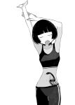  1girl arm_up bob_cut closed_eyes collarbone crop_top fang flexing gym_pants gym_uniform highres kyohai_9 midriff monochrome navel open_mouth original short_hair simple_background snake_tattoo solo standing stomach_tattoo tank_top tattoo 