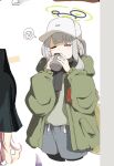  &gt;_&lt; 1girl =_= baseball_cap black_scarf blue_archive blush_stickers covered_mouth cropped_legs cup green_jacket green_shirt grey_hair halo hare_(blue_archive) hare_(camp)_(blue_archive) hat highres holding holding_cup jacket long_sleeves open_clothes open_jacket puffy_sleeves scarf shirt short_hair sidelocks spoken_expression uni_gyoza white_background 