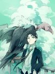  animal asuna_(doruru-mon) bird black_hair blazer cloud green_eyes highres jacket juice_box looking_at_viewer necktie original railing school_uniform short_hair vulture yellow_eyes 