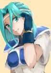  adjusting_hair aqua_eyes aqua_hair armor blush breastplate breasts fiora fire_emblem fire_emblem:_rekka_no_ken gloves hair_between_eyes hand_in_hair headband long_hair looking_at_viewer medium_breasts short_sleeves smile solo tan_background traditional_media upper_body yasaidon 