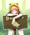  1girl absurdres animal_hood blue_shorts blush braid closed_eyes commentary ddolbang english_commentary frog_hood frogiwawa green_hair green_hoodie highres hololive hololive_english hood hoodie long_hair multicolored_hair official_alternate_costume orange_hair shorts sign smile solo streaked_hair takanashi_kiara takanashi_kiara_(casual) twin_braids virtual_youtuber 