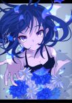  1girl barefoot black_hair blue_flower blue_hair dress flower goma_irasuto highres looking_at_viewer mole mole_under_eye multicolored_hair original petals purple_eyes shadow signature solo two-tone_hair 