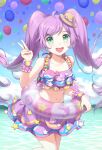  1girl :d ahoge balloon bare_shoulders bikini blush bracelet commentary_request cowboy_shot day frilled_bikini frills green_eyes hand_up hat innertube jewelry long_hair looking_at_viewer manaka_laala mini_hat navel ocean open_mouth outdoors pretty_series pripara purple_bikini purple_hair shell smile solo standing star_(symbol) swim_ring swimsuit twintails unya_(unya-unya) v very_long_hair water 