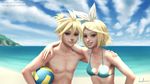  1girl arm_around_neck arm_around_waist bikini blonde_hair blue_sky brother_and_sister cloud day gohpot grin hair_ornament hair_ribbon hairclip hand_on_another's_shoulder highres kagamine_len kagamine_rin ocean outdoors ponytail realistic ribbon shirtless siblings signature sky smile sunlight swimsuit twins vocaloid volleyball watermark web_address 