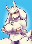  2017 anthro big_breasts blush breasts caprine clothing female fur goat horn lactating mammal nipples red_eyes snappygrey solo tattoo thong toriel undertale video_games white_fur 