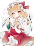  1girl ascot blonde_hair cowboy_shot crystal_wings dress flandre_scarlet glass hat hat_ribbon heart highres medium_hair mob_cap open_mouth red_dress red_ribbon ribbon side_ponytail simple_background solo sorani_(kaeru0768) touhou white_background wrist_cuffs yellow_ascot 