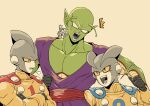  3boys android antennae blue_cape cape colored_sclera colored_skin dougi dragon_ball dragon_ball_super dragon_ball_super_super_hero fangs fins gamma_1 gamma_2 green_skin grey_skin head_fins highres jacket multiple_boys namekian no_eyebrows pants paruko_(baalbeel11) pointy_ears purple_pants purple_shirt red_cape red_sash robot_ears sash shirt sigh signature simple_background sleeveless sleeveless_shirt slit_pupils sparkle surprised thumbs_up twitter_username yellow_jacket yellow_sclera 