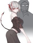  1girl 1other ^_^ arknights back bare_shoulders breasts closed_eyes doctor_(arknights) earrings grey_hair highres hood hooded_jacket horns jacket jewelry linza looking_at_viewer mask pointy_ears red_eyes short_hair simple_background tail w_(arknights) white_background 
