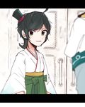  ahoge bangs black_hair blurry depth_of_field green_eyes green_hakama hakama hat itomugi-kun japanese_clothes kantai_collection kimono matsukaze_(kantai_collection) meiji_schoolgirl_uniform mini_hat mini_top_hat multiple_girls short_hair smile solo_focus swept_bangs top_hat upper_body wavy_hair 