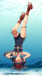  air_bubble black_hair breath brown_eyes bubble bubble_blowing dated gloves hat headphones i-14_(kantai_collection) kantai_collection looking_at_viewer sakura_(medilore) school_swimsuit short_hair signature single_glove submerged swimsuit twitter_username underwater upside-down 