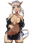  1girl animal_ears black_one-piece_swimsuit blonde_hair blue_eyes breasts cat_ears cat_tail commission covered_navel eyewear_on_head final_fantasy final_fantasy_xiv fishnet_thighhighs fishnets gyaru hand_on_own_chest hand_on_own_stomach highres jacket jewelry kogal large_breasts leather leather_jacket light_blush lipstick long_bangs makeup miqo&#039;te multicolored_hair nail_polish necklace one-piece_swimsuit open_mouth pearl_necklace pixiv_commission ponytail rantia shiny_skin solo streaked_hair sunglasses swimsuit tail teeth thighhighs upper_teeth_only warrior_of_light_(ff14) 