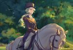  blonde_hair blue_eyes boots commentary_request diana_cavendish edakai gloves hat highres horse horseback_riding light_green_hair little_witch_academia long_hair multicolored_hair pants ponytail riding riding_crop solo top_hat tree two-tone_hair 