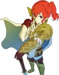  1girl absurdres anna_(fire_emblem) armor axe brown_gloves cape closed_mouth commentary fire_emblem fire_emblem_heroes gloves hair_between_eyes hashtag-only_commentary highres index_finger_raised kwajia3 looking_at_viewer pauldrons ponytail red_eyes red_hair short_hair shoulder_armor simple_background smile solo weapon white_background white_cape 