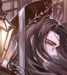  1boy alternate_costume alternate_hair_color black_hair black_hat blue_eyes bright_pupils chinese_commentary clarence_clayden closed_mouth covered_mouth curtained_hair from_side gem hat hat_ribbon long_hair lovebrush_chronicles male_focus mitre monocle parted_bangs portrait profile red_gemstone ribbon sideways_glance snow234 solo white_pupils white_ribbon 