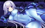  :o armor artist_name bangs blue_background blue_eyes blunt_bangs blush bodysuit breasts chestnut_mouth covered_navel cowboy_shot foreshortening gloves halftone halftone_background hand_on_own_thigh highres impossible_bodysuit impossible_clothes inia_sestina letterboxed long_hair lying medium_breasts muvluv muvluv_alternative muvluv_total_eclipse navel on_side open_mouth pilot_suit sayori shiny shiny_clothes silver_hair skin_tight solo very_long_hair wallpaper widescreen 