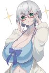  1girl absurdres adjusting_eyewear aoi_yoru babydoll blue_babydoll blue_bow blush bow bow_babydoll breasts cardigan cleavage collarbone glasses green_eyes grey_hair hands_up highres hololive huge_breasts jewelry long_sleeves looking_at_viewer navel neck_ribbon necklace o-ring open_cardigan open_clothes open_mouth ribbon shirogane_noel shirogane_noel_(9th_costume) short_hair simple_background solo upper_body v-shaped_eyebrows virtual_youtuber white_background white_cardigan white_hair 