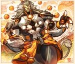  1boy absurdres arm_behind_back artificial_eye artist_name banyue_(zenless_zone_zero) biceps bird black_gloves claws clothes_around_waist cloud cloudy_sky commentary english_commentary ezizekekiel fingerless_gloves floating_ball gloves grass grey_hair highres humanoid_robot long_hair male_focus mechanical_arms mechanical_eye mechanical_hands mechanical_legs mechanical_tail metal_skin orb robot robot_boy sky solo tail yellow_sky zenless_zone_zero 