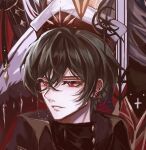  1boy alternate_costume ayn_alwyn black_cape black_hair black_shirt buttons cape chinese_commentary collared_cape crescent crescent_hat_ornament crossed_bangs diamond_button earrings gem hair_between_eyes hat hat_ornament jewelry looking_to_the_side lovebrush_chronicles male_focus mitre monocle parted_lips portrait red_eyes red_gemstone red_hat shirt short_hair smile snow234 solo spiked_ear_piercing turtleneck turtleneck_shirt two-tone_headwear white_hat 