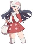  1girl bag beanie black_hair blue_eyes blue_hair blush breasts coat dawn_(pokemon) duffel_bag hair_ornament hairclip hat hiyoshipow long_hair looking_at_viewer open_mouth poke_ball_print pokemon pokemon_dppt pokemon_platinum red_coat scarf simple_background smile solo teeth thighhighs upper_teeth_only white_background white_hat white_scarf white_thighhighs 