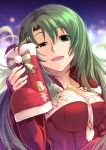  1girl boots breasts cecilia_(fire_emblem) christmas christmas_stocking coat fingerless_gloves fire_emblem fire_emblem:_fuuin_no_tsurugi fire_emblem_heroes gloves green_eyes green_hair highres holding jewelry large_breasts long_hair looking_at_viewer nakabayashi_zun necklace nintendo solo 