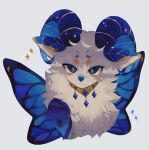 1girl :3 animal_ears animal_nose blue_eyes blue_gemstone blue_horns butterfly_wings commentary cropped_shoulders english_commentary fluffy furry furry_female gem gold_necklace grey_background hair_between_eyes highres horns insect_wings jewelry looking_at_viewer necklace neku_boo original sheep_ears sheep_girl sheep_horns short_hair simple_background smile solo sparkle white_fur white_hair wings yellow_pupils 