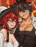  1boy 1girl alohapz alternate_hair_length alternate_hairstyle artist_name black_choker black_nails black_tank_top blush breasts bright_pupils brown_eyes brown_hair choker cleavage collarbone commentary covered_abs detached_sleeves dorpos english_commentary eyelashes green_eyes guilty_gear guilty_gear_strive hair_between_eyes hat highres jack-o&#039;_valentine large_breasts lips looking_at_another looking_at_viewer object_through_head one_eye_closed pectorals red_background red_hair screw_in_head short_hair sol_badguy star_(symbol) stitched_face stitches tank_top tongue white_hat white_pupils white_sleeves witch_hat 