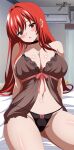  1girl :o absurdres air_conditioner artist_name babydoll bedroom black_choker black_panties blush breasts choker cleavage goddess_of_victory:_nikke highres indexxryo large_breasts lingerie looking_at_viewer navel panties rapi_(nikke) rapi_(red_hood)_(cherished_red)_(nikke) rapi_(red_hood)_(nikke) red_eyes red_hair sitting solo stomach thighs underwear watermark 