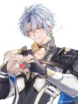  1boy antenna_hair armor artist_name black_choker black_gloves blue_cape blue_eyes cape choker collarbone crossed_bangs fingerless_gloves gloves grey_hair hair_between_eyes hands_up heart heart_hands highres honkai:_star_rail honkai_(series) jacket long_sleeves looking_at_viewer male_focus neck_tattoo one_eye_closed phainon_(honkai:_star_rail) short_hair shoulder_armor simple_background single_glove smile solo sun_symbol sun_tattoo tattoo teeth upper_body white_background white_jacket yellow_pupils yowowo1101 