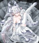  1girl axe battle_axe breasts cleavage demon_girl demon_horns demon_tail demon_wings dress drill_hair duel_monster from_above full_body gloves grey_eyes grey_hair high_heels highres holding holding_axe horns knee_up large_breasts lovely_labrynth_of_the_silver_castle nokia_(nm) pointy_ears sitting smile solo tail thighhighs twin_drills weapon white_dress white_gloves white_thighhighs wings yu-gi-oh! 