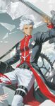  1boy alternate_costume archer_(fate) arm_up bag belt broken_glass chaldea_logo closed_mouth cowboy_shot expressionless fate/grand_order fate_(series) gears glass grey_eyes high_collar long_sleeves male_focus out_of_frame pants shoulder_bag skin_tight solo spiked_hair thigh_belt thigh_strap waist_cape white_hair white_pants yag123gwa 