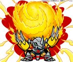  armor claw_(weapon) claws colored_skin copyright_notice digimon digimon_(creature) green_eyes helmet horns mechanical_wings no_humans official_art orange_skin red_hair short_hair spikes wargreymon weapon wings yellow_armor 