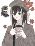  1girl :o autumn_leaves black_eyes black_hair bow brown_cardigan brown_hat cardigan chibi cup fate/grand_order fate_(series) full_body grey_bow hair_bow hands_up hat highres holding holding_cup hugging_doll hugging_object kawakami_gensai_(fate) leaf long_sleeves looking_at_viewer multicolored_hair multiple_views open_mouth streaked_hair turtleneck upper_body watasiunko white_streaks yellow_pupils 